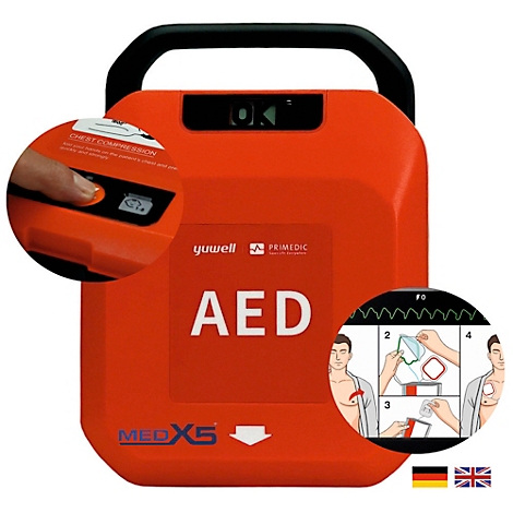 Rotes AED-Gerät mit schwarzen Griff und Detailansichten von Bedienung und Anwendung. Aufschrift: AED, MED X5 und Piktogramme.