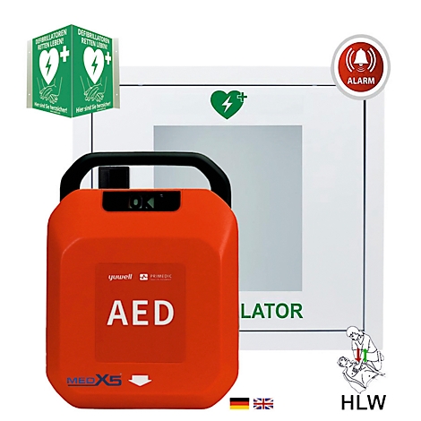Ein rotes AED-Gerät mit Griff und Aufschrift AED. Dahinter eine weisse Box mit grünem Herz-Symbol. Alarm-Symbol rechts.