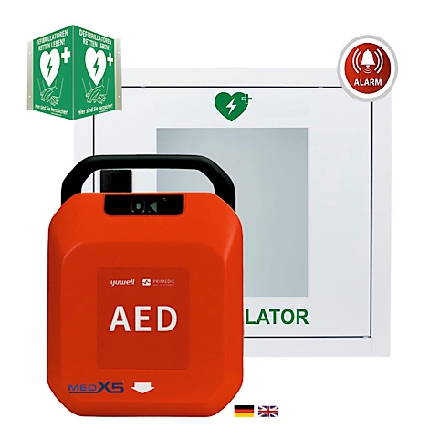 Roter AED-Defibrillator mit Tragegriff und rotem Alarm-Symbol auf weißem Hintergrund. Anleitung mit Herzsymbol.
