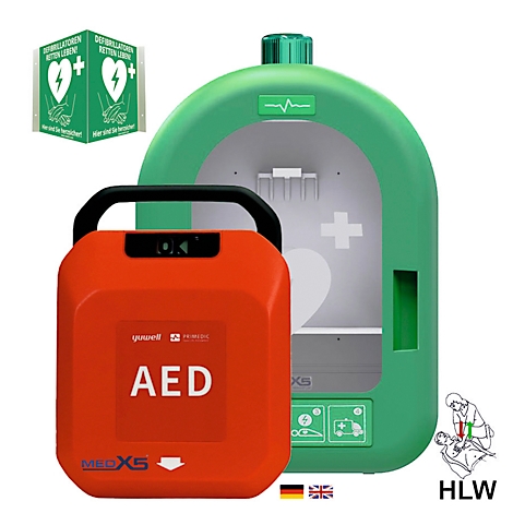 Roter AED-Defibrillator neben grüner Wandhalterung. Oben links ein Hinweis auf Defibrillation. Unten rechts HLW-Piktogramm.