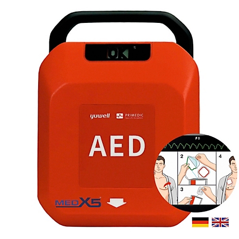 Rotes AED-Gerät mit Tragegriff, Anzeige und Anleitung, darunter der Schriftzug AED.