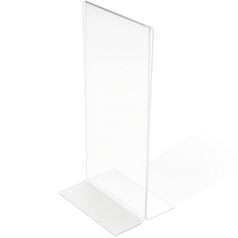 Présentoir de table vertical en acrylique transparent sur fond blanc. La forme est rectangulaire, légèrement arrondie à la base.