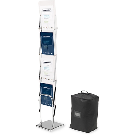 Mur de présentation transparent avec des brochures, le logo 'magnetoplan' et un sac de transport noir.