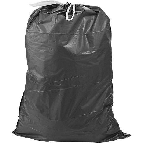 Ein großer schwarzer Müllsack, oben mit einem weißen Band verschlossen.