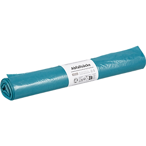 Opgerolde, turquoise vuilniszakken met een wit etiket "Abfallsäcke".