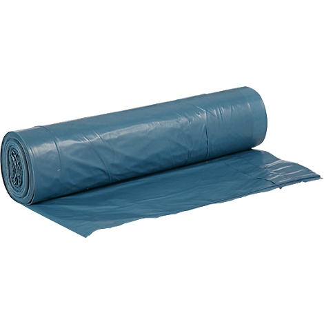 Blauw opgerolde vuilniszakken, gedeeltelijk uitgerold op witte achtergrond.