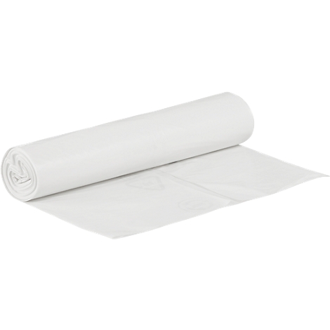 Een opgerolde witte plastic vuilniszak, gedeeltelijk uitgerold.