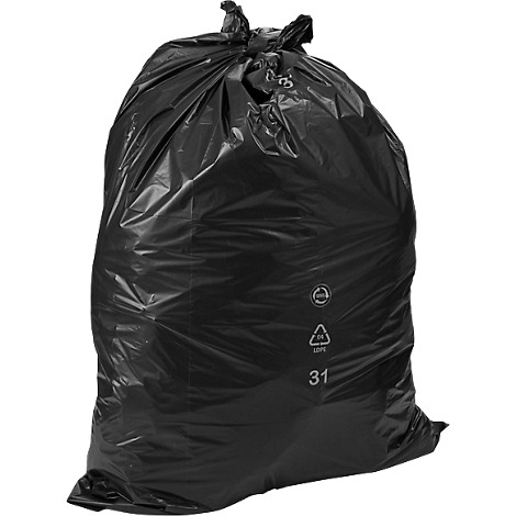 Zwarte vuilniszak, bovenaan samengeknoopt, bedrukt met symbolen en het getal 31.