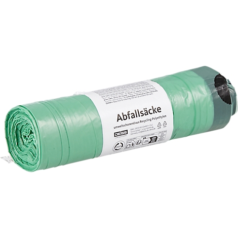 Deiss afvalzakken, 60 l, met trekkoord, dikte 30 µ, gerecycled LDPE, groen, 15 stuks