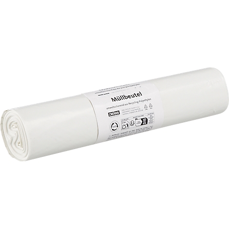 Rolled white garbage bag packaging with the words "Müllbeutel."