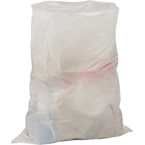A translucent, white trash bag, partially filled. Other colored objects are visible inside.