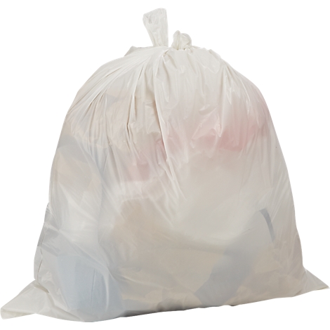 A full, white garbage bag, tied up.