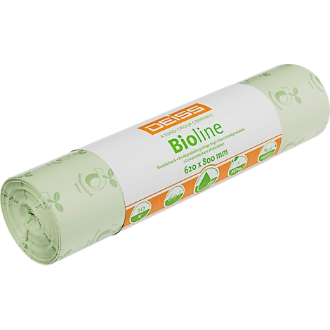Roll of biodegradable garbage bags, white main body with green leaves.