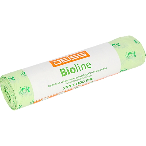 Roll of green garbage bags with white label, DEISS Bioline.