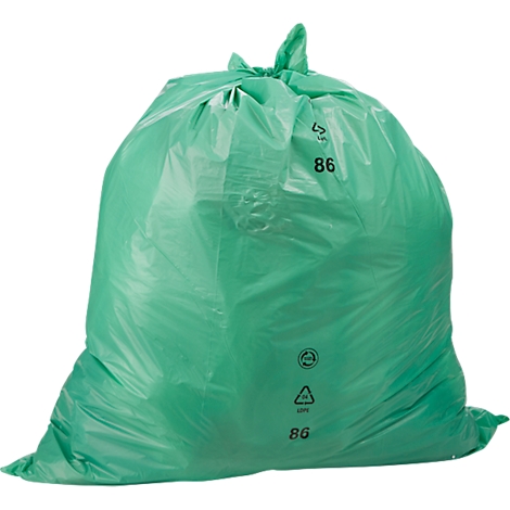 Grüner Müllsack, oben zusammengebunden. Aufschrift '86'.