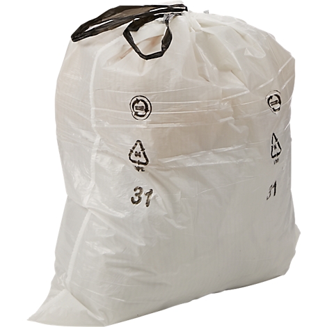 Weißer Müllsack mit schwarzem Verschluss und Griffen, Recycling-Symbol und Zahl 31.
