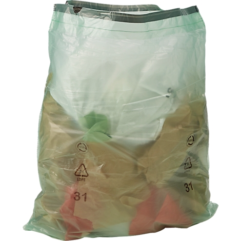 Ein grüner Plastikmüllsack, gefüllt mit Abfall. Der Sack hat das Zeichen 31 und ein Recycling-Symbol.