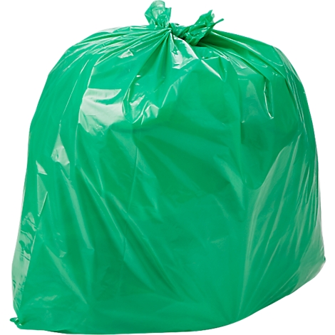 Grüner Müllsack, zusammengebunden.