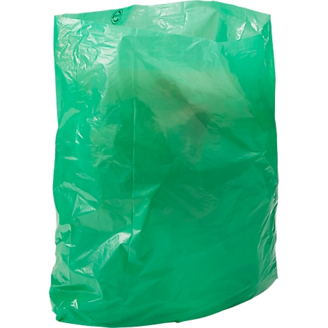 Eine grüne Mülltüte aus Plastik. Der Beutel ist leer, und das Material ist durchsichtig.