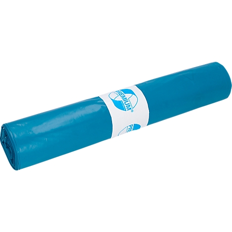 Rol van blauw plastic, met witte papieren band met het woord "PREMIUM".