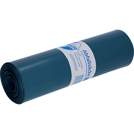Roll of blue trash bags with label: "Abfallsäcke".