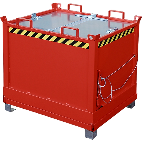 Rode metalen container met deksel en handvatten. Zwart-gele waarschuwingsstrepen, detail van de sluiting.