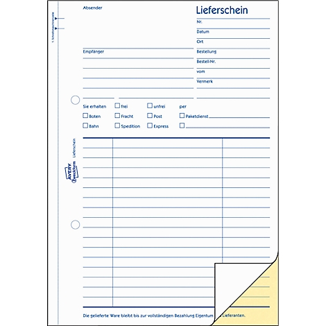 A blue bordered delivery note with lines for entries. Bottom right a folded corner.