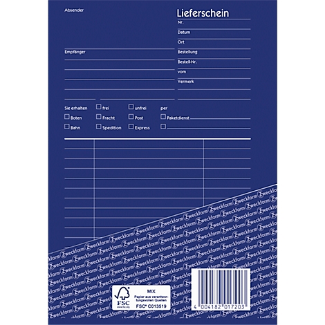 Blue delivery note form with lines and fields for sender, recipient, order and other information. Barcode and FSC logo on the bottom right.