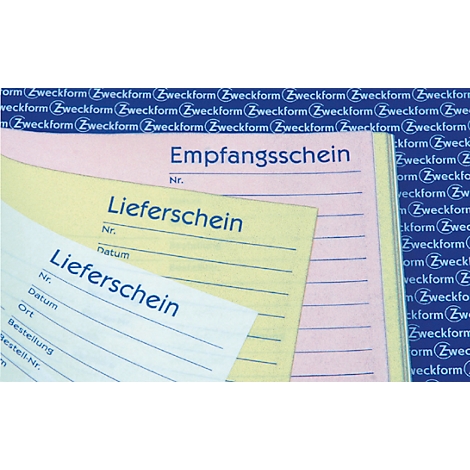 Close-up of forms labeled "Lieferschein" and "Empfangsschein".