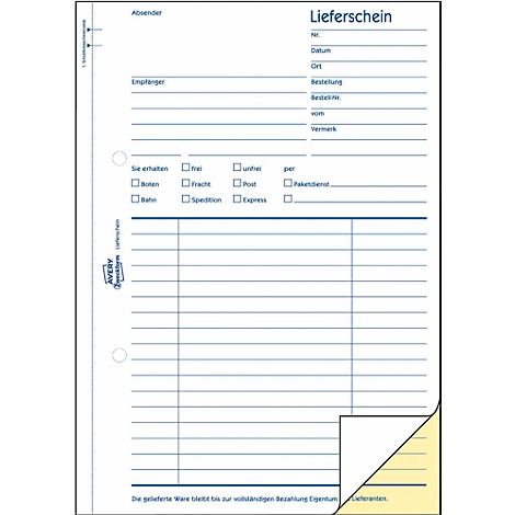 A white delivery form with blue lines, headings, and boxes to tick. A corner area is yellow.