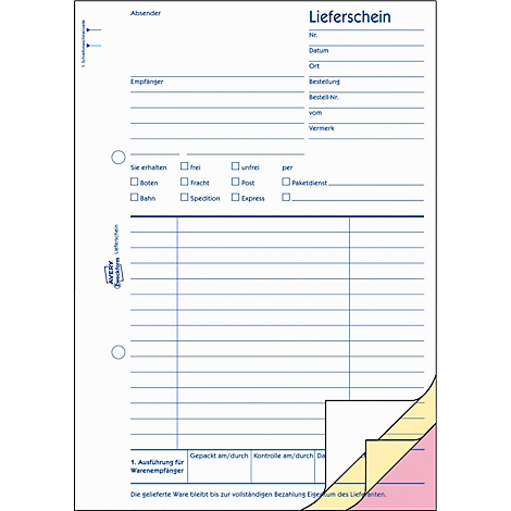 A white delivery form with blue lines and text. It shows areas for sender, recipient, and information.