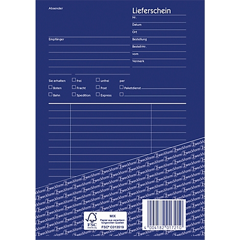 A blue delivery note with white text and lines. At the top it says "Lieferschein".