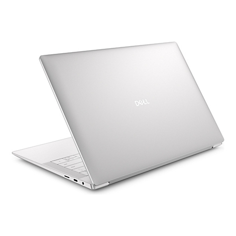 Silberner Laptop, leicht angewinkelt. Auf dem Deckel ist das Dell-Logo zu sehen.