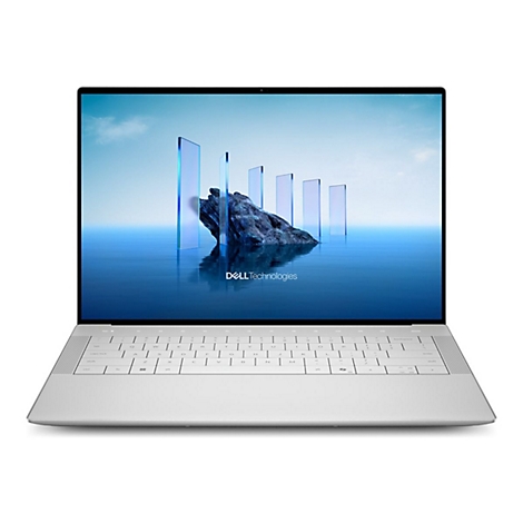 Ein silberner Laptop, auf dessen Bildschirm eine Landschaft mit Wasser und abstrakten Elementen dargestellt ist.