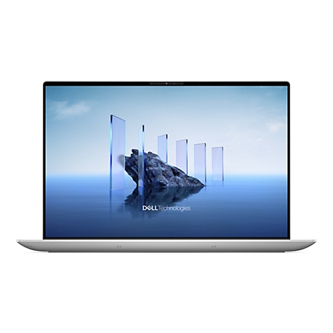 Ein silberner Laptop zeigt eine blaue Landschaft mit Glasprismen und Felsen. Dell Technologies Logo.