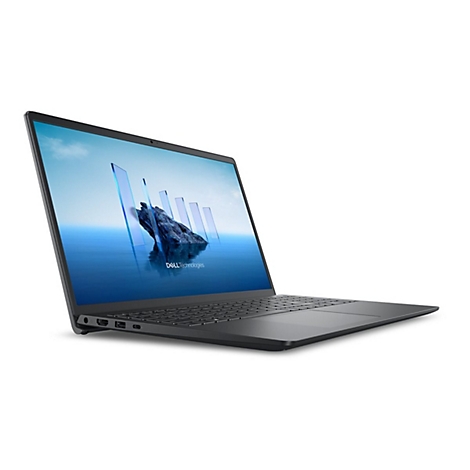 Dunkelgraues Laptop im leicht geöffneten Zustand, der Bildschirm zeigt eine Berglandschaft mit Glasstrukturen.