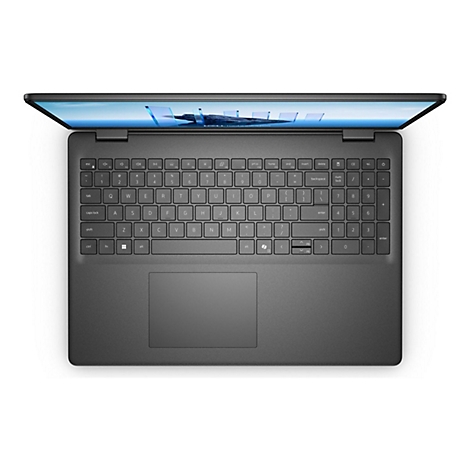 Draufsicht auf einen schwarzen Laptop, der geöffnet auf weißem Hintergrund liegt. Die Tastatur ist deutlich zu sehen, auf dem Display eine Abbildung.