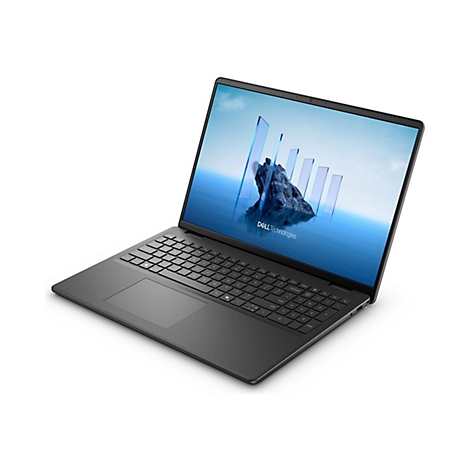 Ein grauer Laptop, leicht geöffnet, vor weißem Hintergrund. Auf dem Bildschirm ist ein blaues Design mit Bergen und Säulen zu sehen.