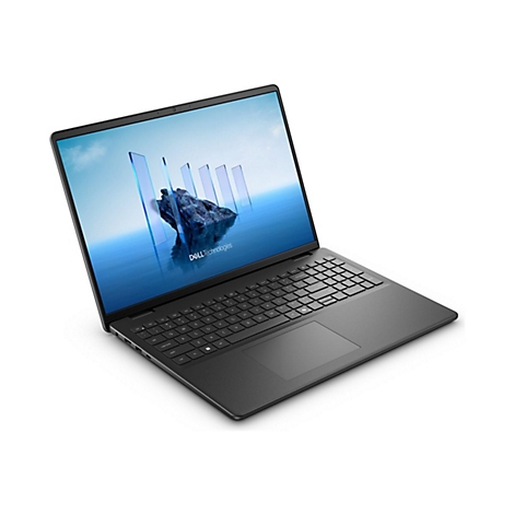 Ein schwarzer Laptop auf weißem Hintergrund. Auf dem Display ist eine blaue Landschaft zu sehen, mit dem Dell Technologies Logo.