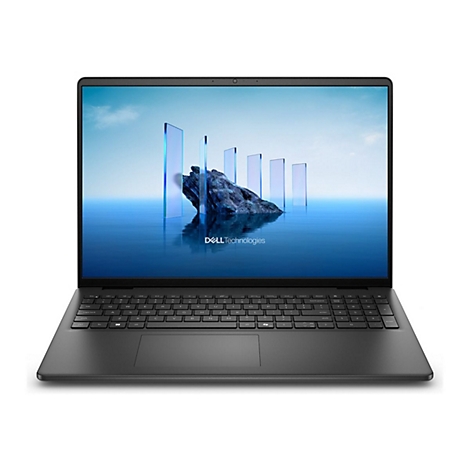 Schwarzes Dell-Laptop mit blauem Bildschirm-Hintergrund, der eine Berglandschaft mit Säulen zeigt. Tastatur und Logo sind gut sichtbar.