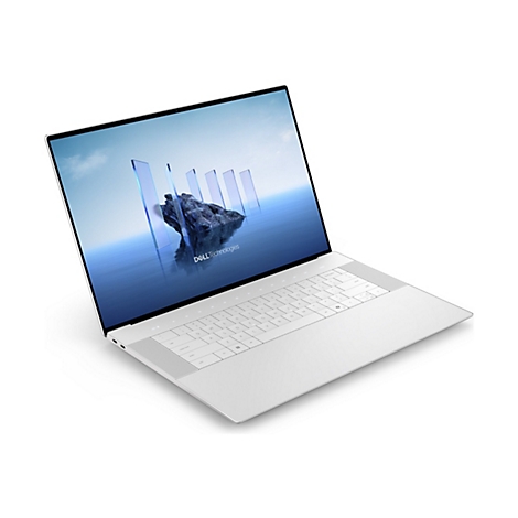 Ein silberner Laptop ist leicht von oben diagonal dargestellt. Der Bildschirm zeigt ein blaues Design mit Felsen und Glasstrukturen. Die Tastatur ist weiß.