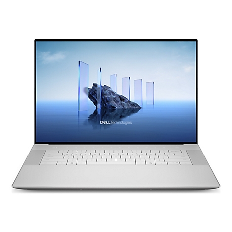 Ein silberner Laptop, der geöffnet ist. Auf dem Bildschirm ist eine digitale Landschaft mit Wassereffekten und vertikalen blauen Formen dargestellt. Das Dell Technologies-Logo ist sichtbar.