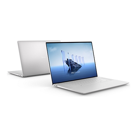 Zwei silberne Laptops, einer geöffnet, einer geschlossen. Auf dem Bildschirm: Berglandschaft. Dell Logo.