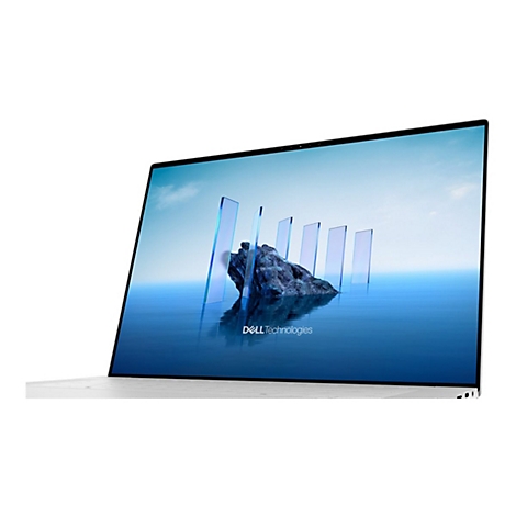 Ein weißes Laptop, leicht von der Seite fotografiert, zeigt ein abstraktes Wasser-Motiv auf dem Bildschirm. Unten steht "DELL Technologies".