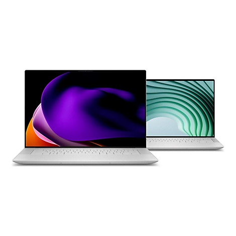 Zwei silberne Laptops nebeneinander, die Bildschirme sind geöffnet. Der linke Laptop hat einen Bildschirm mit lila und orangefarbenen Wirbeln, der rechte einen mit grünen Linien.