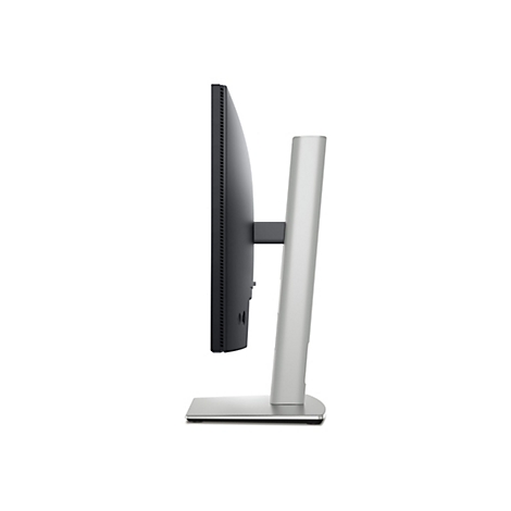 Vue latérale d'un moniteur gris élégant avec un cadre fin et un pied argenté.