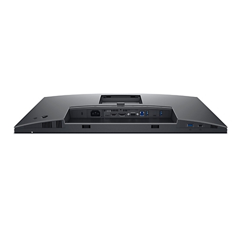 Rückseite eines schwarzen Monitors auf weißem Hintergrund. Anschlüsse: Stromanschluss, HDMI, USB.