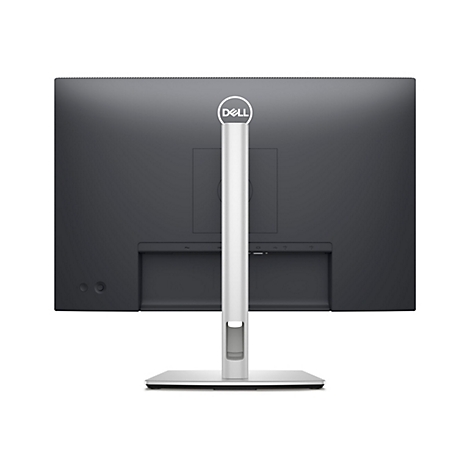 Rückseite eines schwarzen Dell-Monitors mit silberfarbenem Standfuß und Dell-Logo.