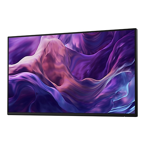 Un grand écran rectangulaire avec un cadre noir. L'écran affiche un motif abstrait et dynamique en violet, rose et bleu.