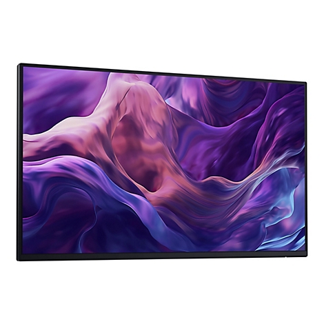 Un écran rectangulaire affiche un fond abstrait ondulé dans des tons violets, roses et bleus. Cadre noir.